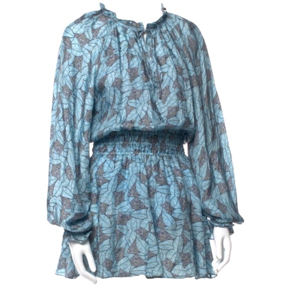 RAMY BROOK Tatum Leaf Floral Print Long Sleeve Pleated Ruffle Mini Dress Medium - Picture 5 of 11